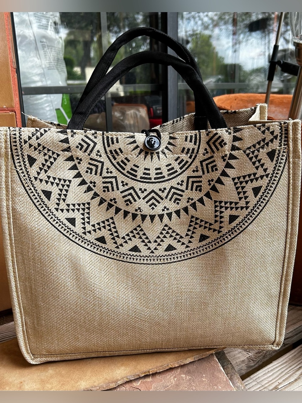 Black & Natural Canvas Tote Bag with Geometric Print Brand New